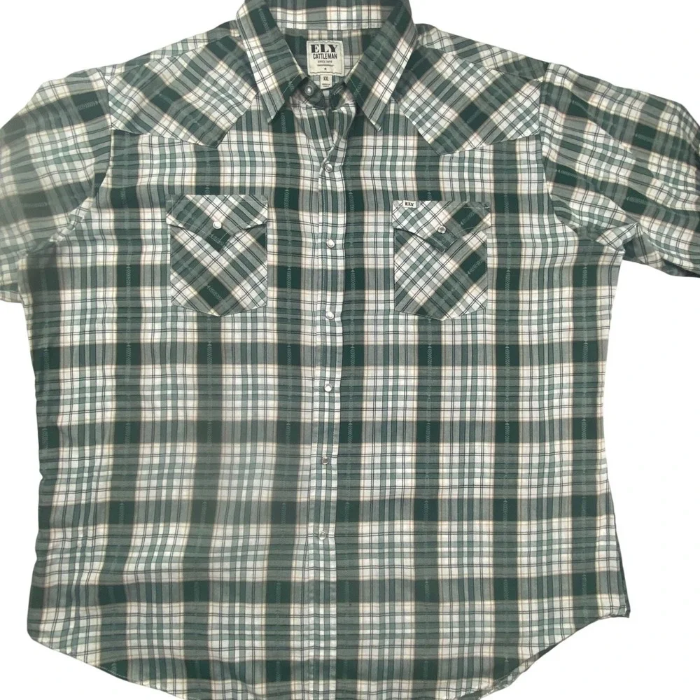 Ely Cattleman Mens XXL Green Plaid Western Pearl Snap Short Sleeve Shirt